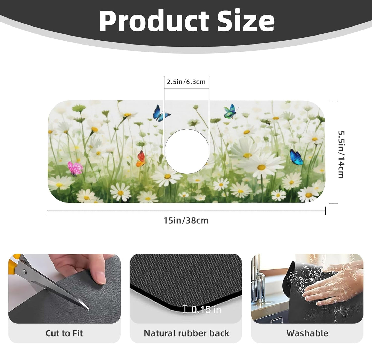 Vintage Watercolor Daisy Butterfly Dish Drying Mat for Kitchen Counter, 16"x18" Microfiber Absorbent Fast Dry Mat, 2Pcs Dish Mat Faucet Mats Sets, Large Drying Kitchen Mat Kitchen Drying Pad