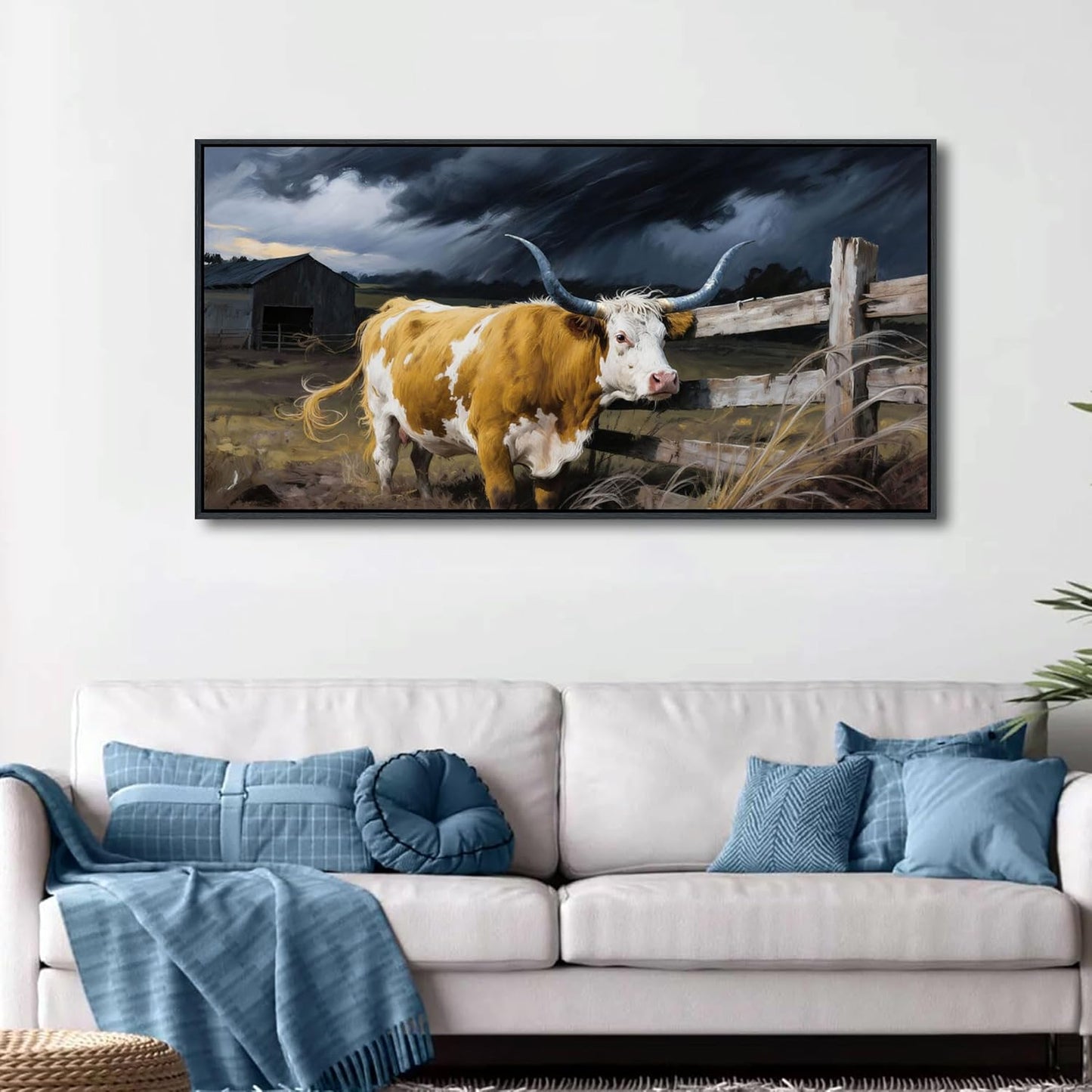 Highland Cow Wall Art - Rustic Pictures for Living Room,Framed Country Wall Decor, Vintage Artwork for Walls, Longhorn Cow wall Decor - Large Farmhouse Canvas for Bedroom 20×40IN