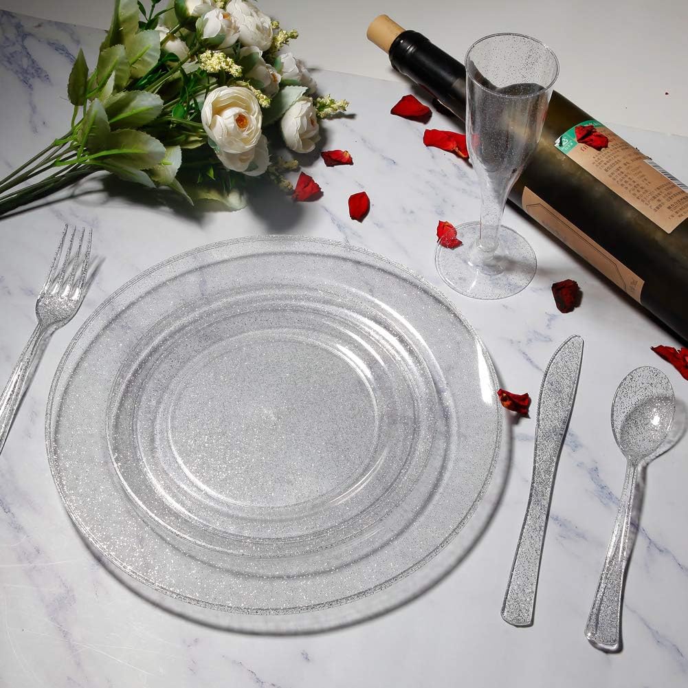 I00000 144Pcs Silver Glitter Dessert Plates Set, Includes 72Pcs Plastic Dessert Plates 7.5",72Pcs Silver Forks 7.4", Plastic Salad Plates for Thanksgiving