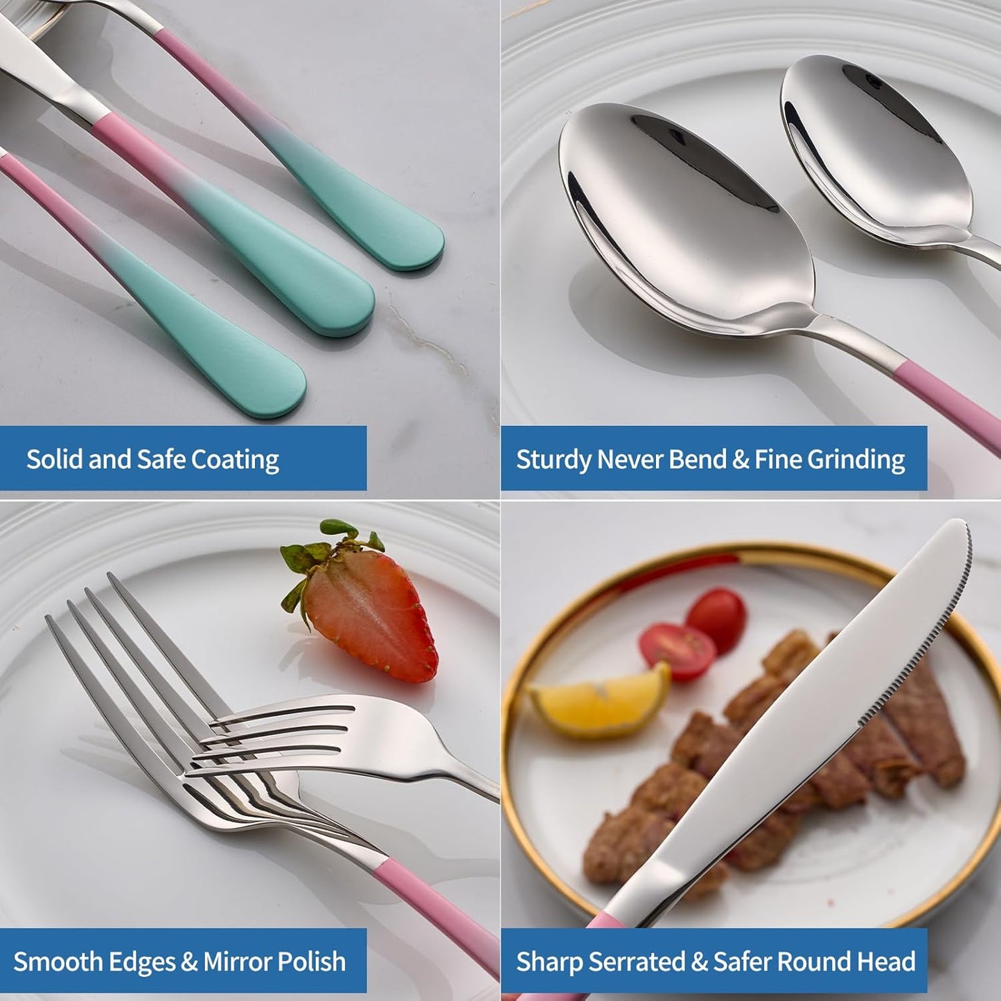 20-Piece pink & green Silverware Set,18/0 Stainless Steel Colorful Handle Flatware Set,Service for 4,Modern Cutlery Set Includes Dinner Knives Forks Spoons, Mirror Polished,Dishwasher Safe