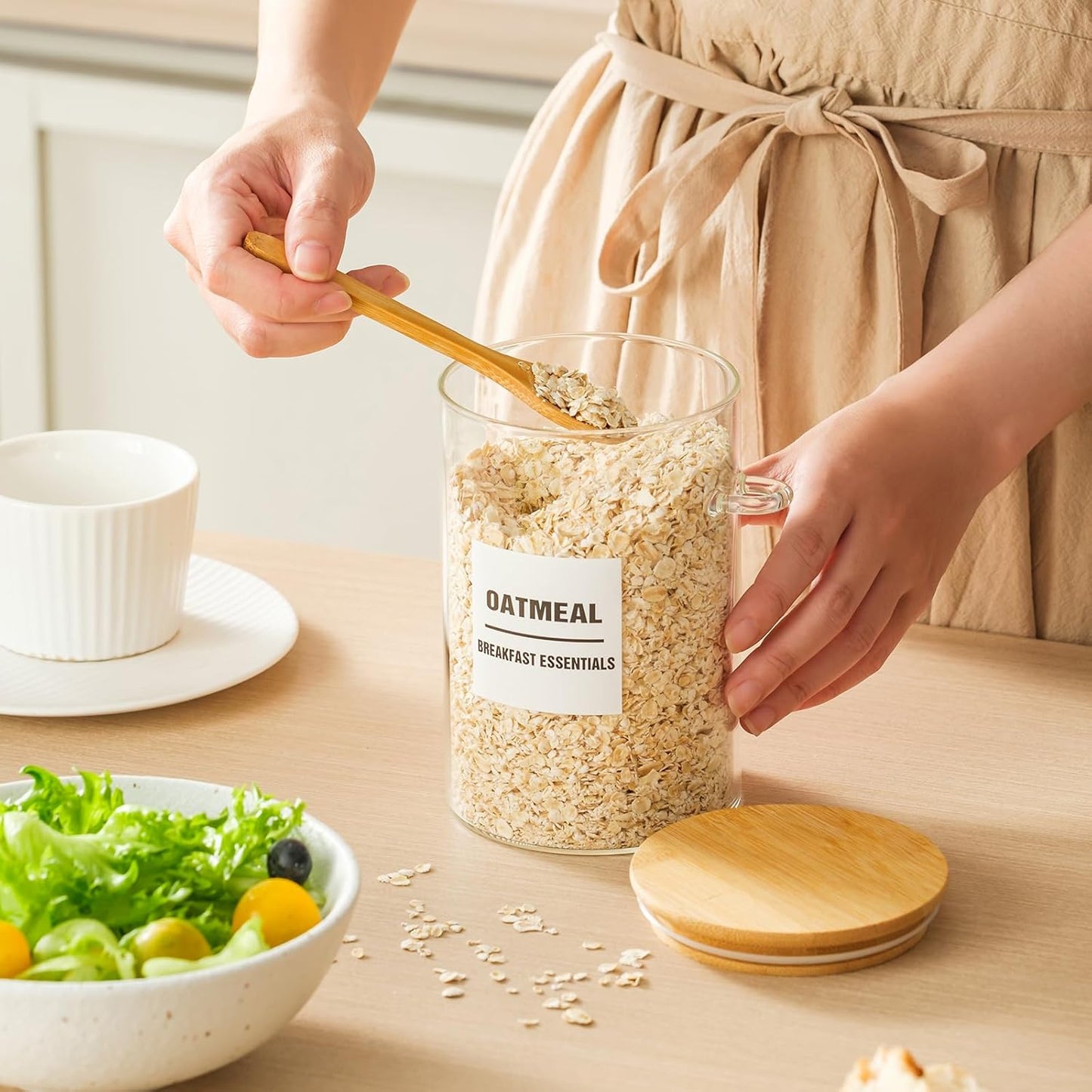 6 Pack 32oz Glass Jars with Bamboo Lids,Glass Storage Containers with Lids,Clear Airtight Food Storage Jar for Coffee,Tea,Sugar,Flour,includes 168 Pantry Labels & Spoons,3mm Thick Canisters