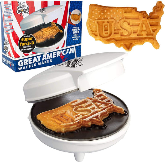 Great American USA Waffle Maker- Giant 7.5" Patriotic Waffles or Pancakes - Electric Nonstick Waffler Iron - America Spirit Party, Breakfast Griddle Baker Supplies with Recipe Guide- Novelty Xmas Gift