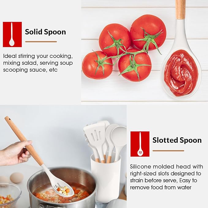 E-far White Cooking Utensils Set of 6, Silicone Kitchen Utensils with Wooden Handle, Non-stick Cookware Friendly & Heat Resistant, Includes Spatula/Ladle/Slotted Turner/Serving Spoon/Spaghetti Server