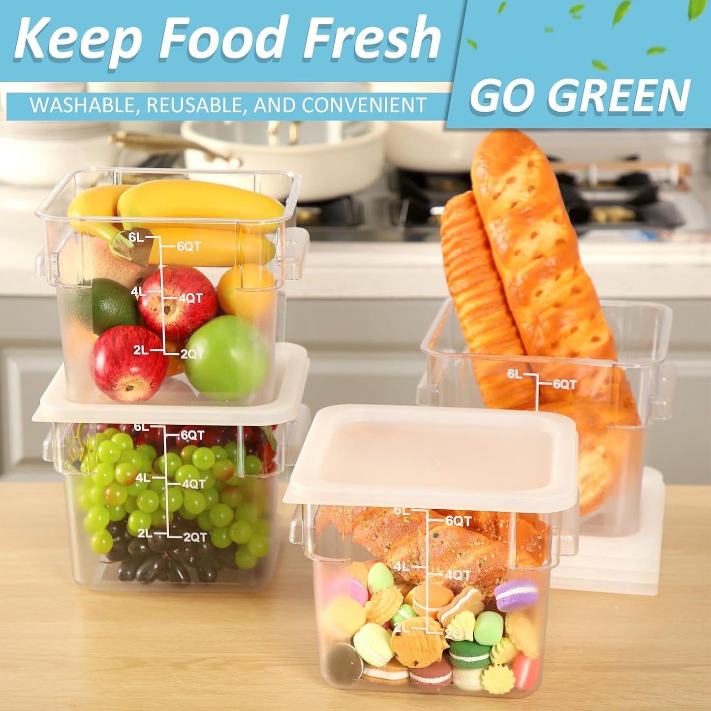 Yungyan 12 Pcs 4 Qt Commercial Food Storage Containers with Lids Restaurant Square Airtight Food Storage Containers Clear Cereal Container for Kitchen Freezer Dishwasher Pantry (White Lid)