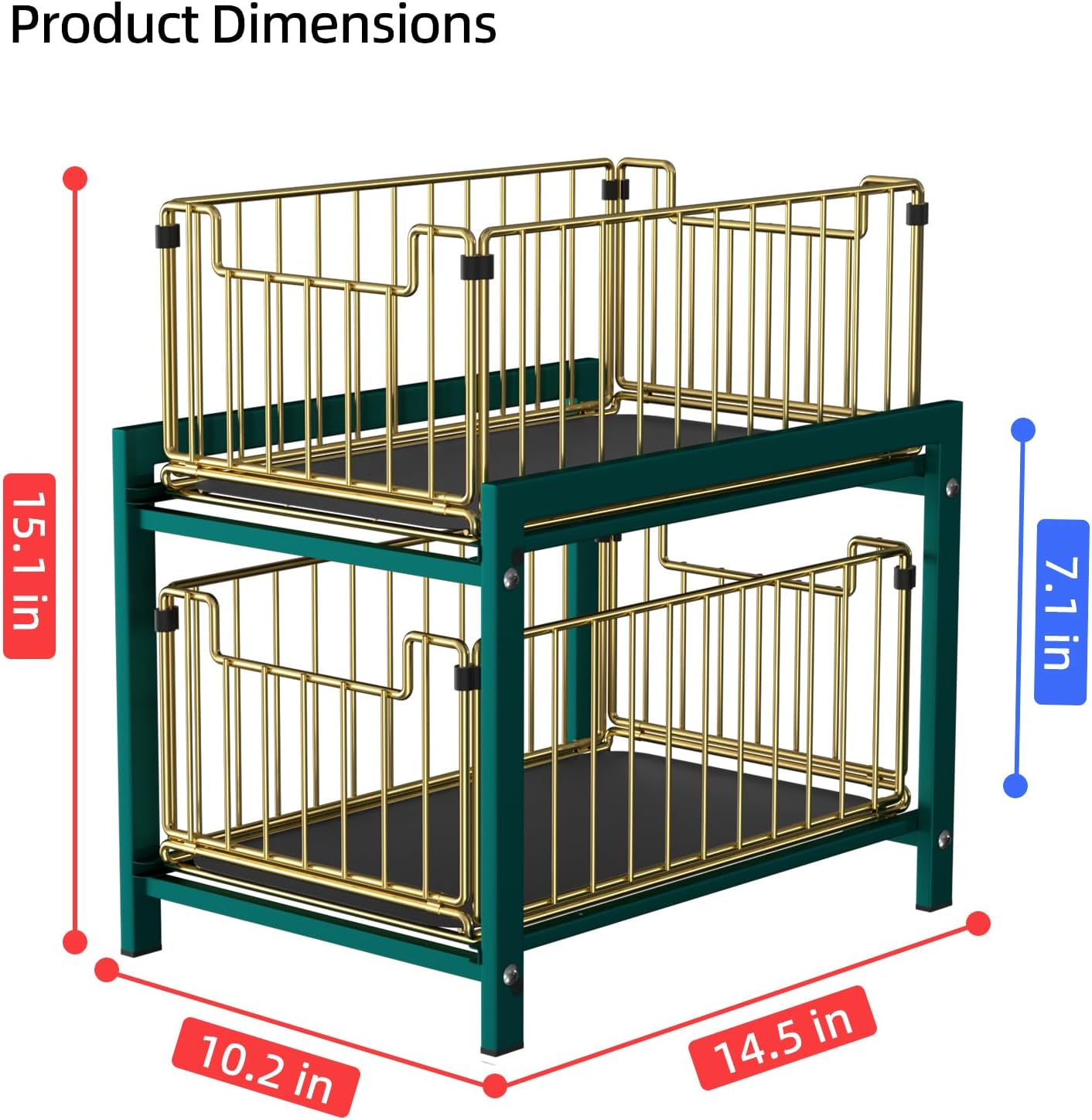 2 Tier Sliding Basket Drawer Organizer, Lxmons Pull Out Under Sink Cabinets Organizers, Metal Home Shelf for Bathroom or Kitchen, Sliding Countertop or Pantry Storage Shelf, Large Gold Green
