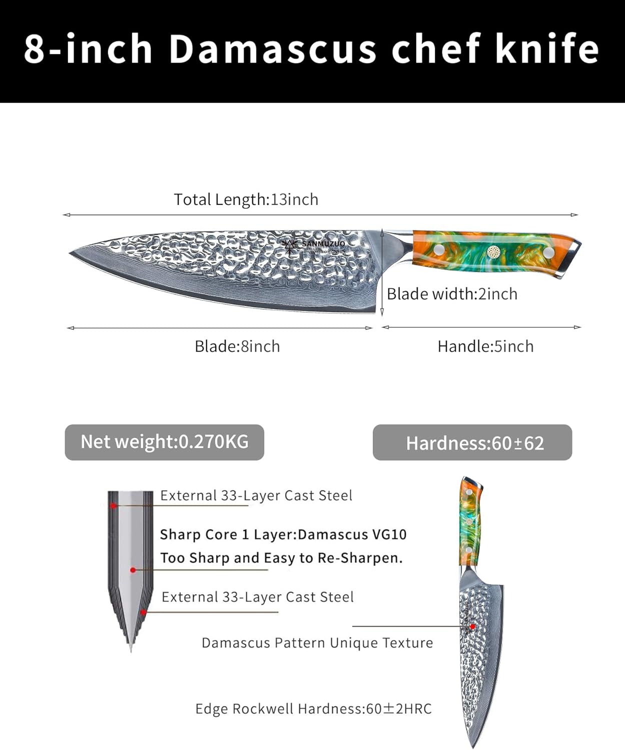 8" Chef Knife - Professional Kitchen Knife - Hammered Damascus Steel & Resin Handle - YAO Series