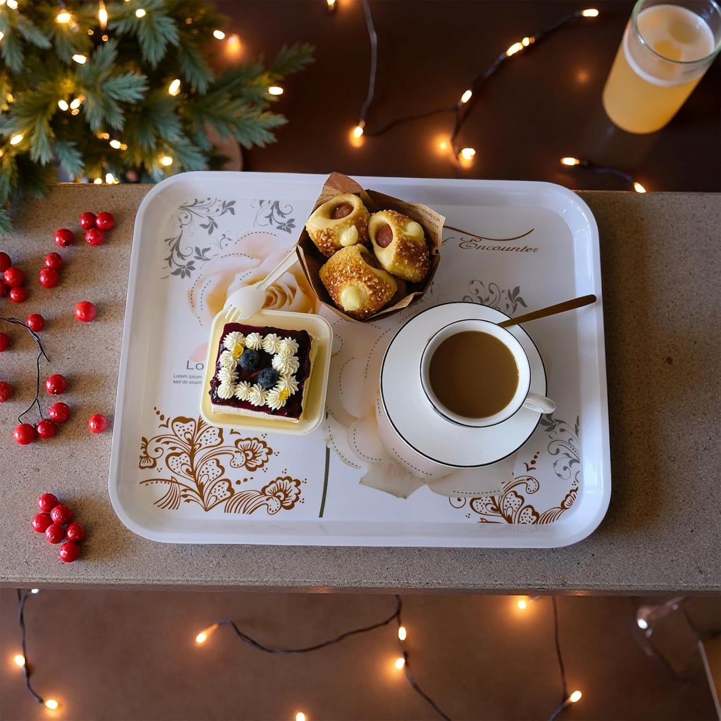 Large Serving Platter Melamine Trays 2 Pack Stackable Food Tray with Floral Print for Gift, Party, Decor, Home, Restaurant (Gold Rose, Medium)