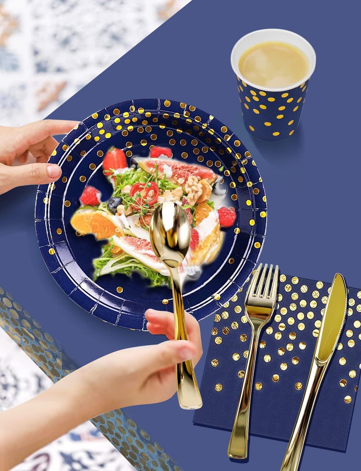141 Pieces Navy Blue Gold Party Supplies, Party Dinnerware Sets Include Paper Plates Napkins Cups Silverware, for Wedding Bridal Shower Engagement Birthday Parties Decoration -20 Serves