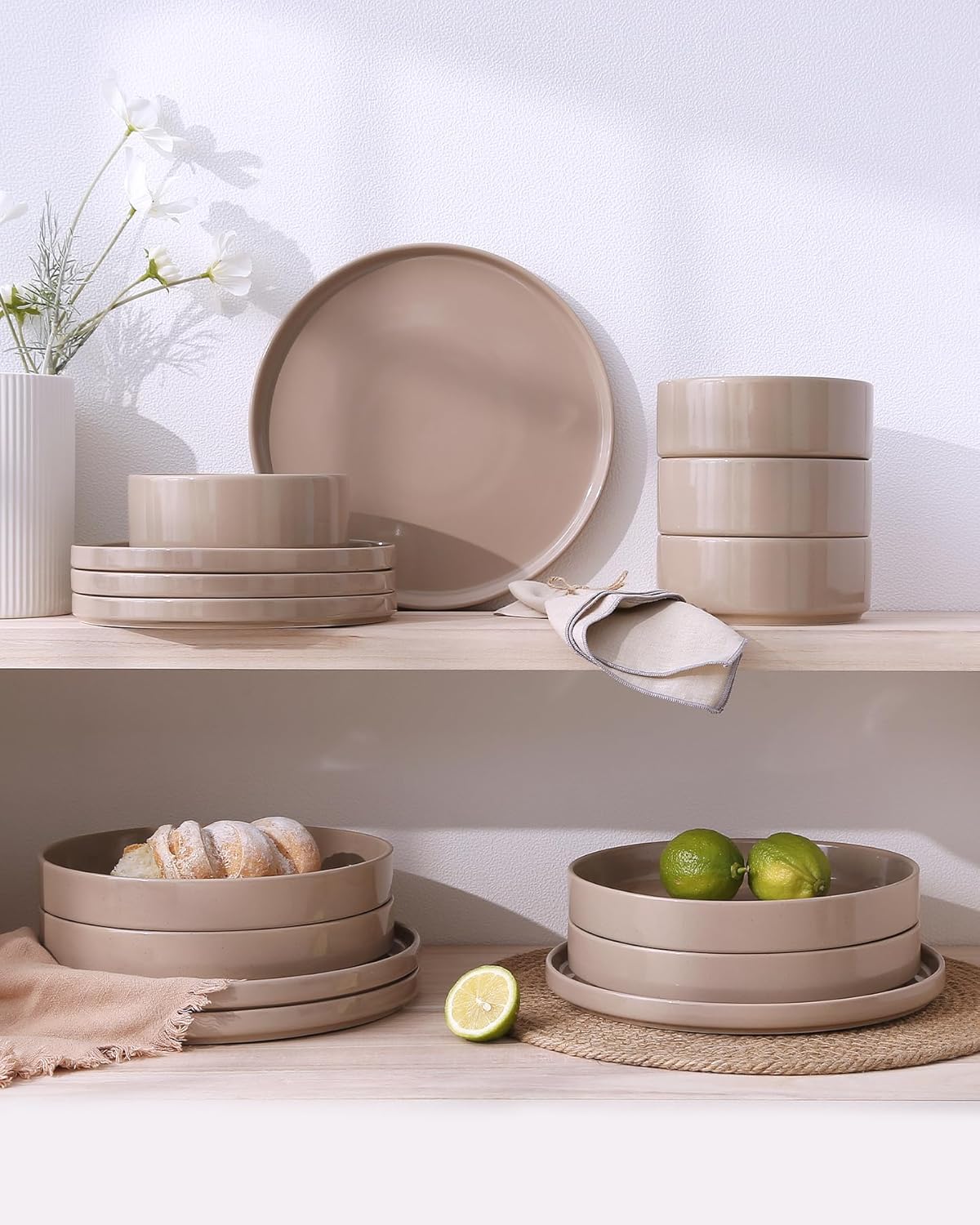 Famiware Nebula Plates and Bowls Sets, 18 Pieces Dinnerware Sets, Dishes Set for 6, Cinnamon Brown