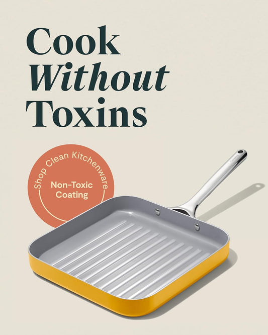 Caraway Square Grill Pan - 11” Grill Pan - Non-Stick Ceramic Coated - Non Toxic, PTFE & PFOA Free - Oven Safe & Compatible with All Stovetops - Marigold