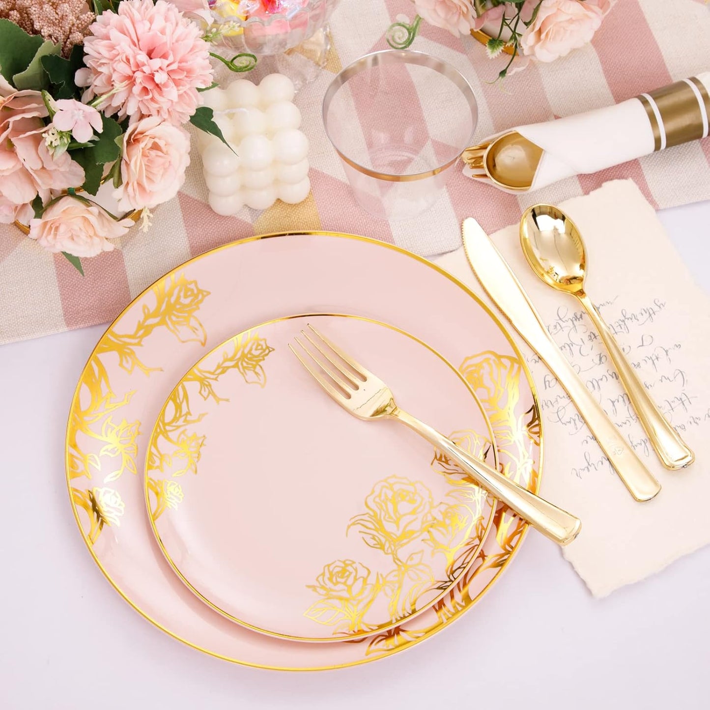 DaYammi 210Pcs Pink Gold Plastic Plates Floral Plates,Thanksgiving Disposable Dinnerware Set Includes 60 gold Pink plates,30 gold Plastic Silverware,30 Per Rolled Napkins,30 plastic Cups for Party