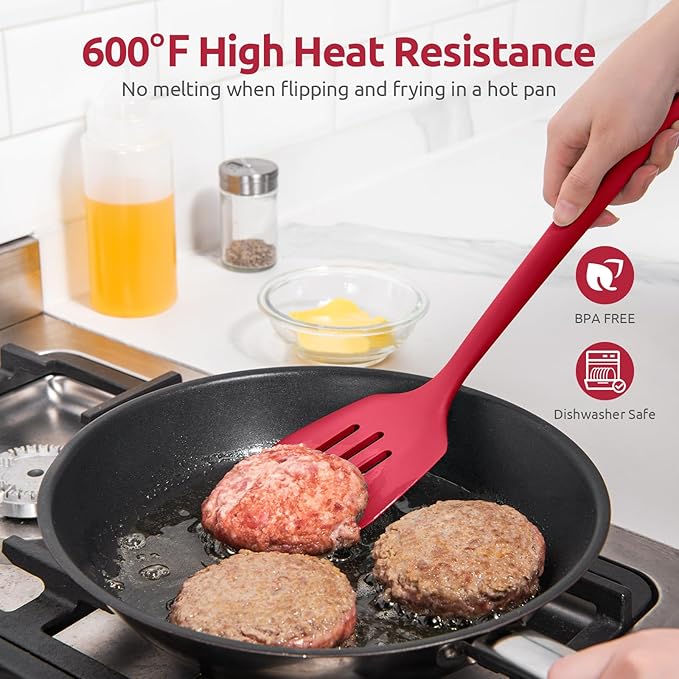 600ºF Heat Resistant Slotted Turner: U-Taste 13.6in Silicone Kitchen Spatula Flipper, 3.74in Wide Food Grade Flexible Thin Rubber Cooking Utensil for Egg, Pancake, Cookie in Nonstick Cookware (Red)