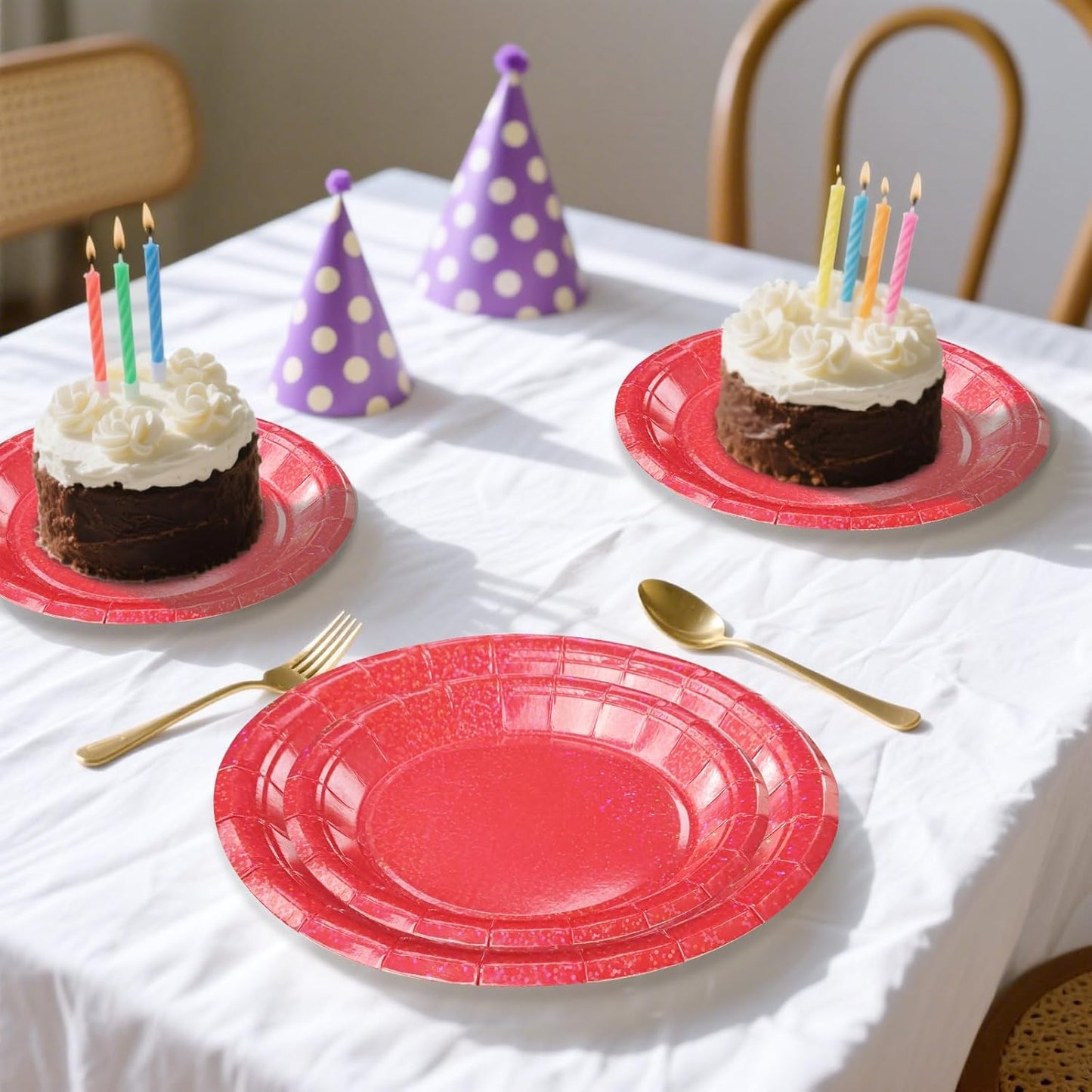 50 Pcs Iridescent Red Paper Plates 25 × 7'' and 25 × 9'' Disposable Red Shiny Holographic Foil Dinner Plates for Wedding Baby Shower Birthday Christmas Party Glitter Dessert Plate