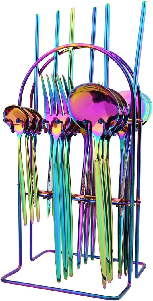 24-Piece Mirror Rainbow Cutlery Set, Snplowum Stainless Steel Flatware Hanging Tableware Silverware Set Include Knife/Fork/Spoon/Teaspoon and Storage Rack For Daily Use, Service For 6