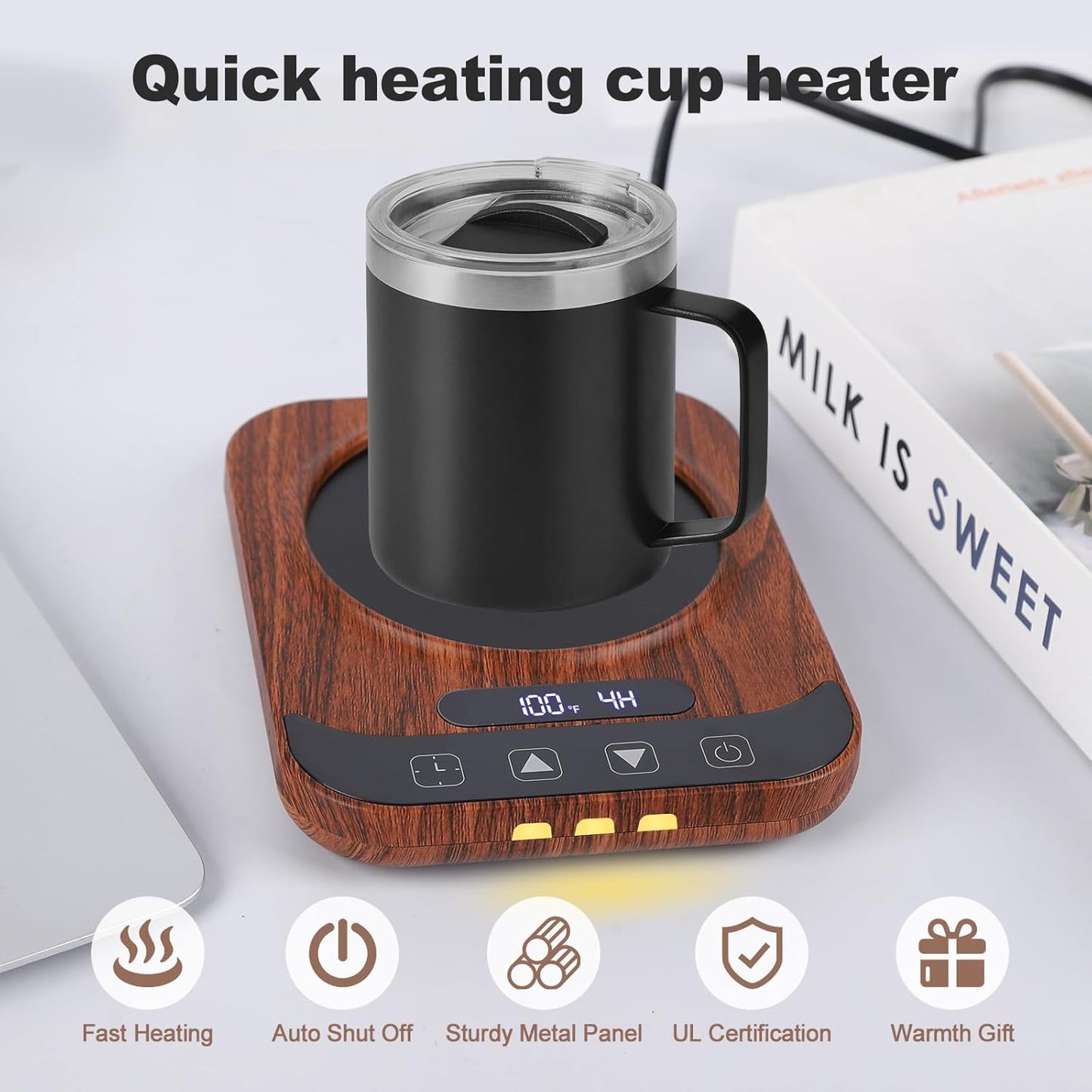 Coffee Mug Warmer for Desk with 9 Temperature Settings, Auto Shut Off, Digital Display, Smart Timing & Reservation, Electric Cup Warmer for Office, Home, Tea, Milk & Beverage Heating (Wood Grain)