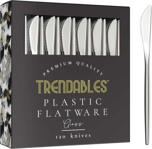 Trendables Disposable Silverware - 120 Pack Plastic Cutlery Set With Knives, Beautiful Silver Plastic Utensils