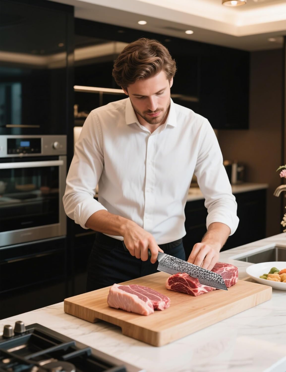 8.5" Kiritsuke Knife - Professional Kitchen Chef Knife - Hammered Damascus Steel & Resin Handle - YAO Series