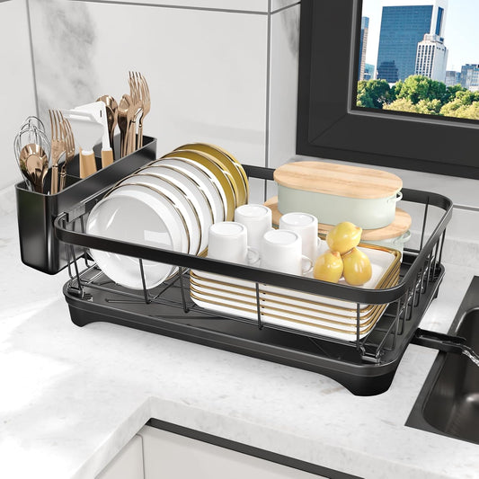 Dish Drying Rack for Kitchen Counter – Large Capacity Single Tier Dish Drainer with Utensil Holder & Cutlery Tray, Space Saving Countertop Organizer, Black
