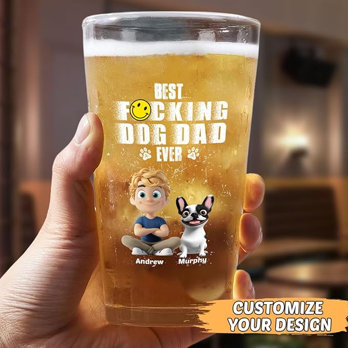 Wrappiness Best Mom Dad Logo Personalized Custom Beer Glass - 16oz Glassware for Beer Soda Cocktails - Gift for Dog Lovers, Father's Day, Birthday Gift for Parents (B06, 1 Dog)