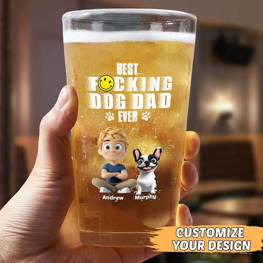 Wrappiness Best Mom Dad Logo Personalized Custom Beer Glass - 16oz Glassware for Beer Soda Cocktails - Gift for Dog Lovers, Father's Day, Birthday Gift for Parents (B06, 1 Dog)