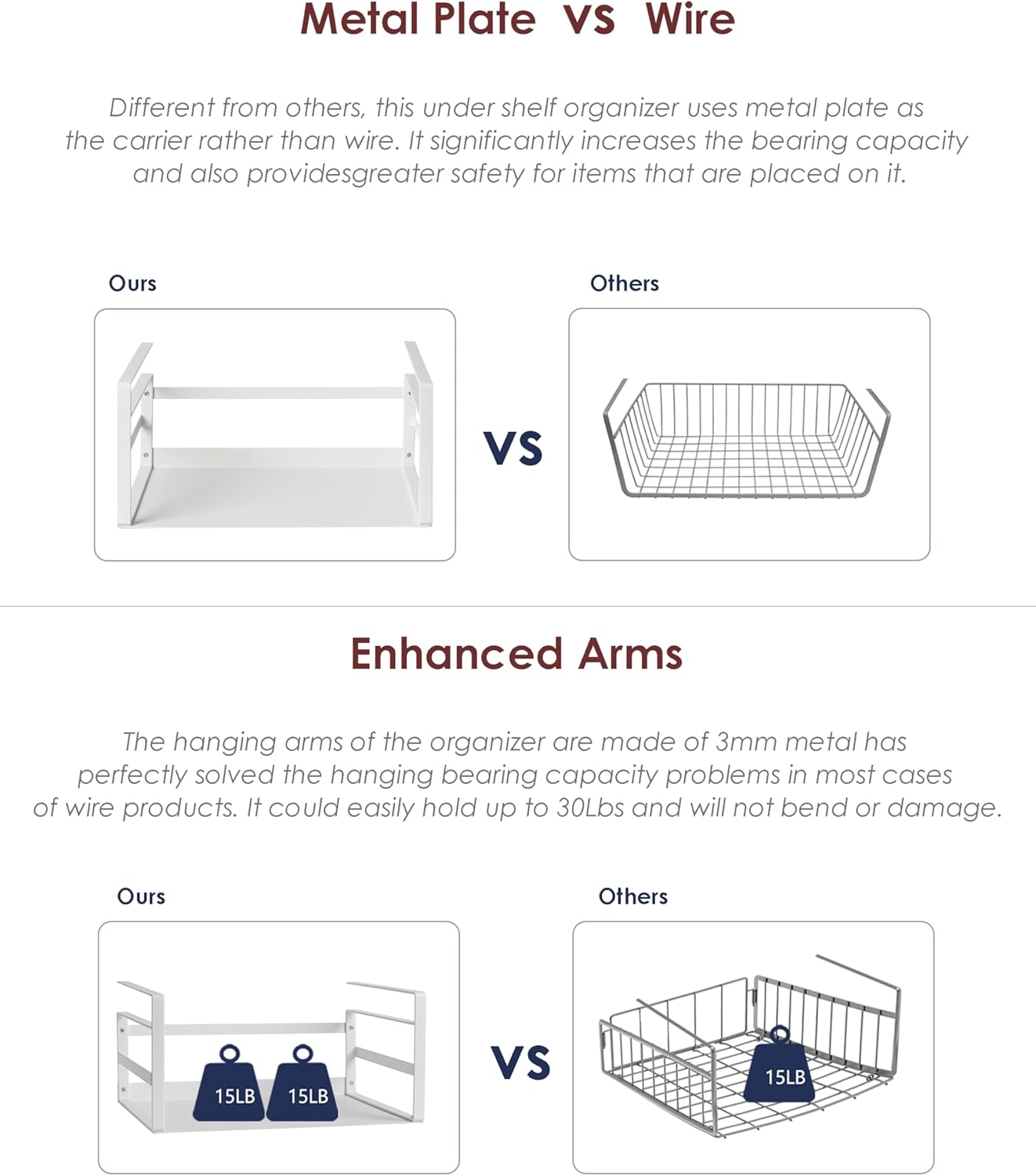 Nxconsu 2Pack Under Shelf Storage Basket Organizer Hanging Holder for Kitchen Cabinet Pantry Cupboard Closet Desk Bookshelf Organization Space Saver Heavy Duty Slide-in Adjustable Mounting Clamp White