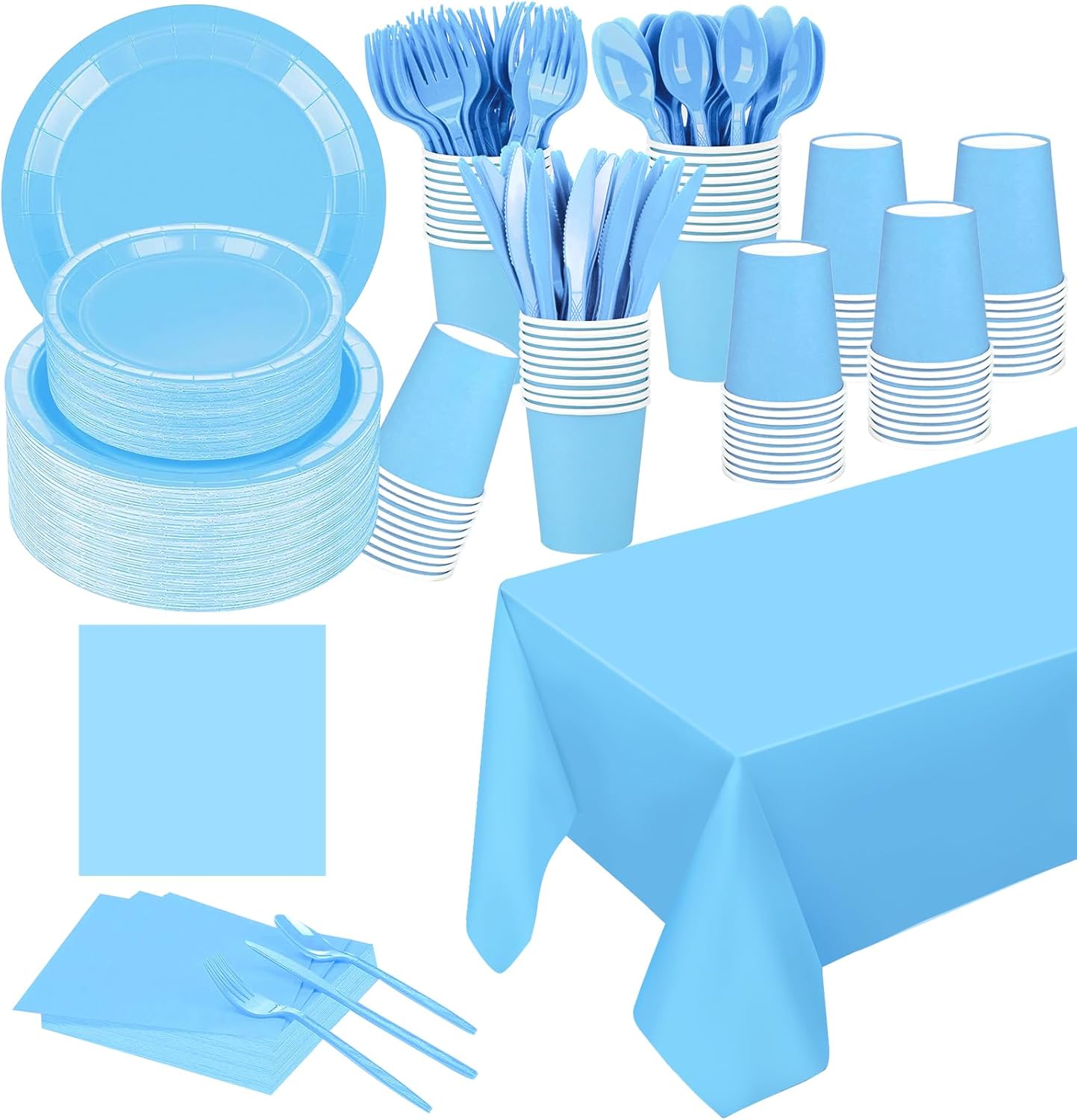 TWOWYHI 229PCS Light Blue Party Supplies Set Paper Disposable Plates Cups Plastic Spoons Forks Knives Light Blue Napkins for 30 Guests Disposable Party Dinnerware Sets for Wedding Birthday Parties
