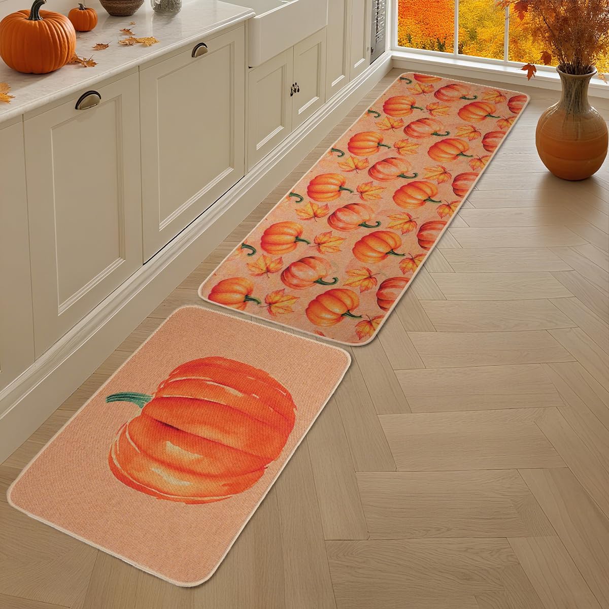 Larponder Fall Pumpkin Leaves Kitchen Mats Set of 2, Non-Slip Absorbent Rug and Door Mats, Home Decor Kitchen Floor Rugs for Autumn Harvest Thanksgiving Holiday - 17x24 and 17x48 Inch