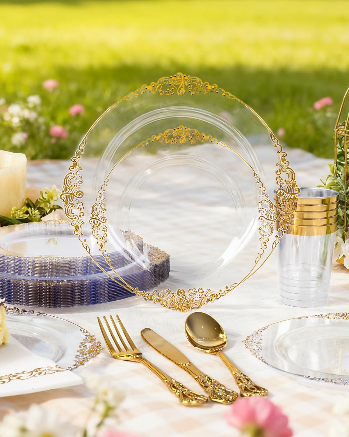 YOUBET 700PCS Clear Gold Plastic Plates - Elegant Gold Plastic Dinnerware Set Include 200 Disposable Plates, 300 Heavy Duty Silverware, 100 Cups, 100 Napkins for Wedding Party & Thanksgiving