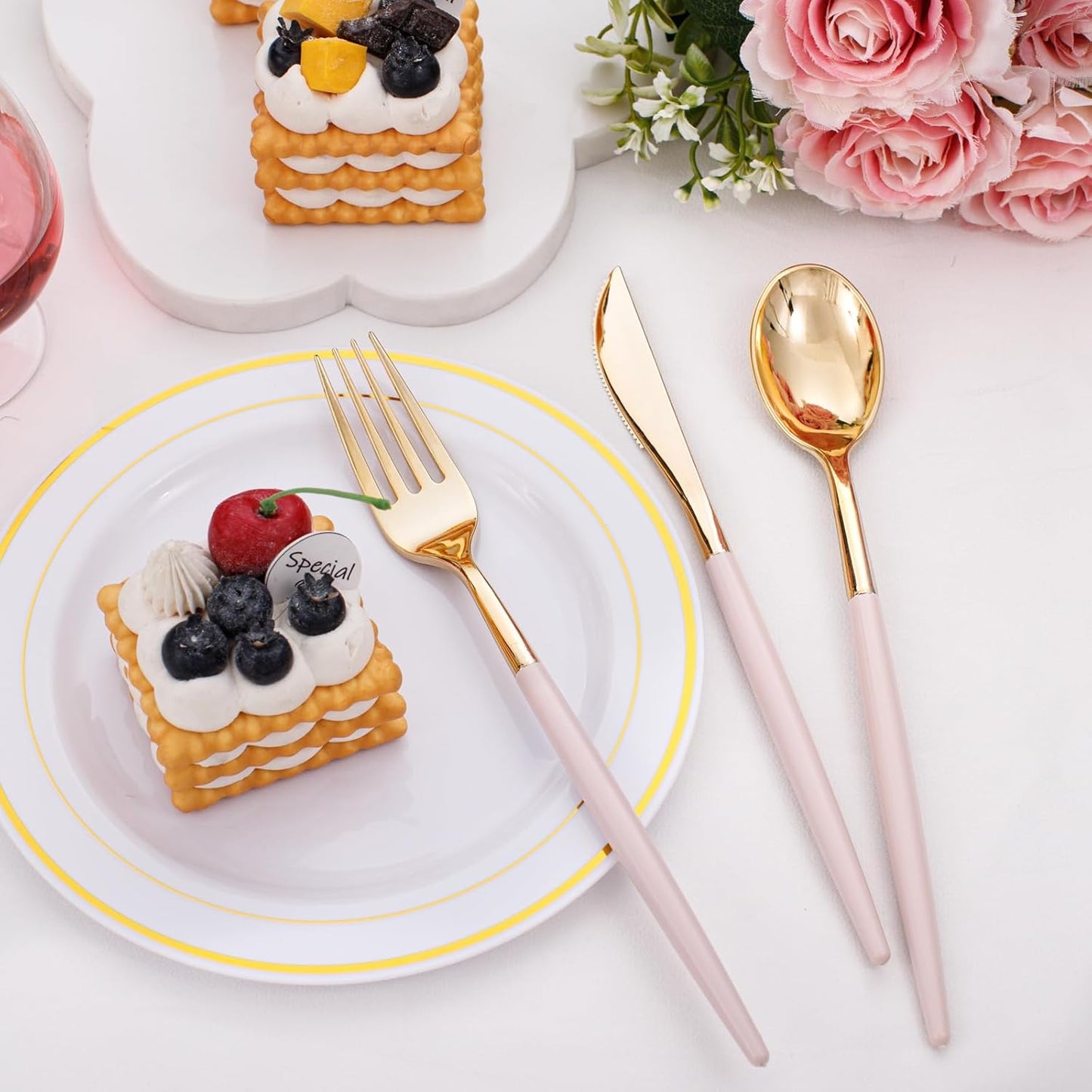 I00000 60 Pack Pink Plastic Silverware,Gold Disposable Flatware with Pink Handle, Gold Plastic Cutlery Set Includes: 20 Forks, 20 Knives and 20 Spoons, Tableware Set for Party and Wedding