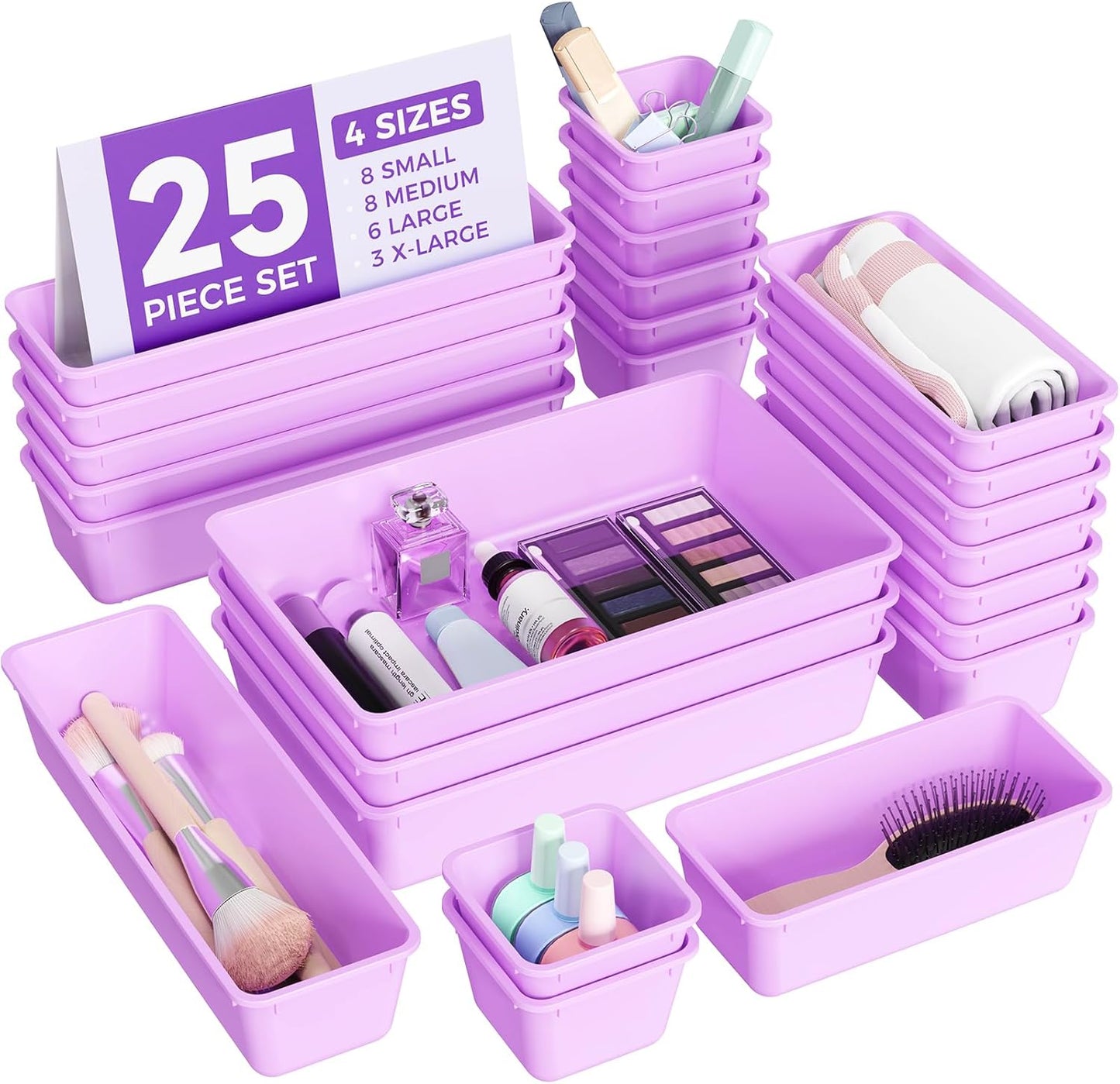 25 PCS Plastic Drawer Organizers Set, 4-Sizes Vanity and Makeup Organizer, Desk and bathroom Drawer Organizer Trays, Organizers and Storage for Makeup, Jewelry, Gadgets, Utensils (Purple)