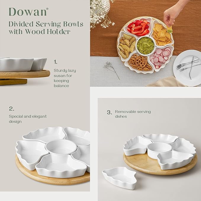 DOWAN 360° Rotatable Serving Tray and Platters, 12 Inch Divided Serving Bowls for Party, Kitchen Decor, Removable Serving Dishes for Chips and Dip, Fruit, Veggies, Candy and Snacks, 7 Pieces, White