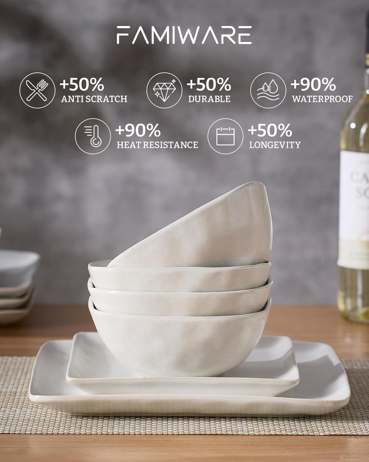 Famiware Dinnerware Sets for 8, Ocean Square 24-Piece Kitchen Plates and Bowls Sets, Microwave and Dishwasher Safe, Scratch Resistant, Matte White