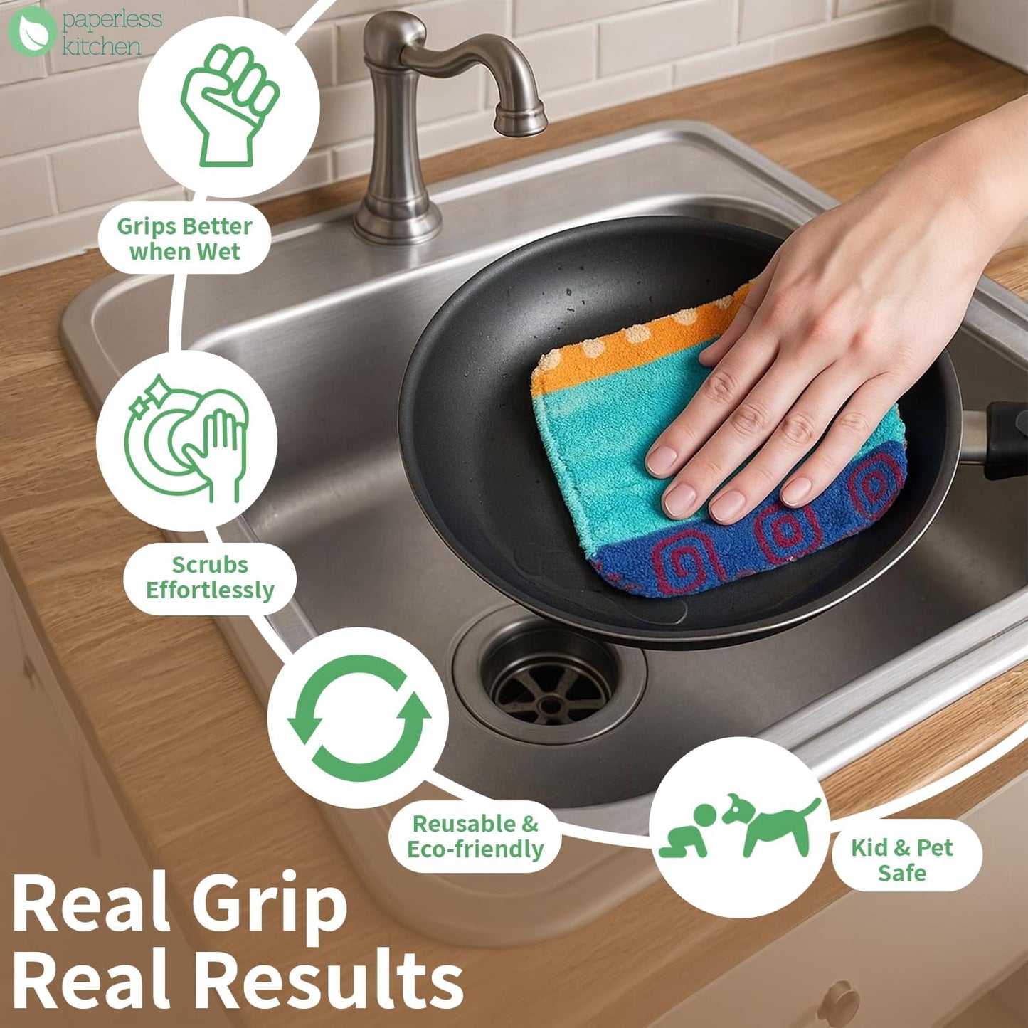 Kitchen Dish Scrubbers | Soft Scrub for Dishes | Non-Scratch Cleaning Pads for Kitchen | Made from Cotton Fiber | Safe on All Surfaces | Long-Lasting & Easy to Clean | Pack of 8