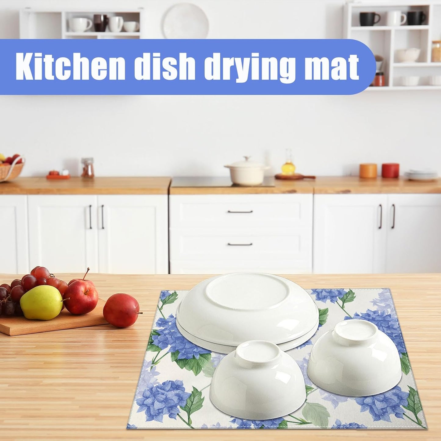 Blue Hydrangea Dish Drying Mat for Kitchen Counter Spring Floral Drying Pad Absorbent Reversible Dish Drainer Rack Mats Draining Pad 18"x24"Inch