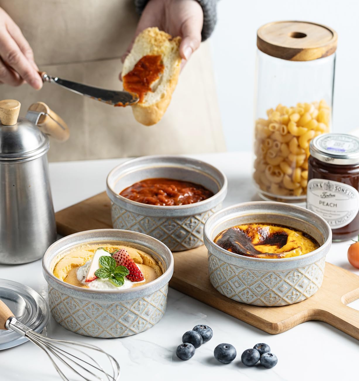 Ceramic Mixing Bowls with Lids Set of 4, Embossed Nesting Storage Bowls for Cooking, Serving, Salad, Popcorn etc, Microwave and Dishwasher Safe, Baking Dishes 12/16/28/40 oz (Gray)