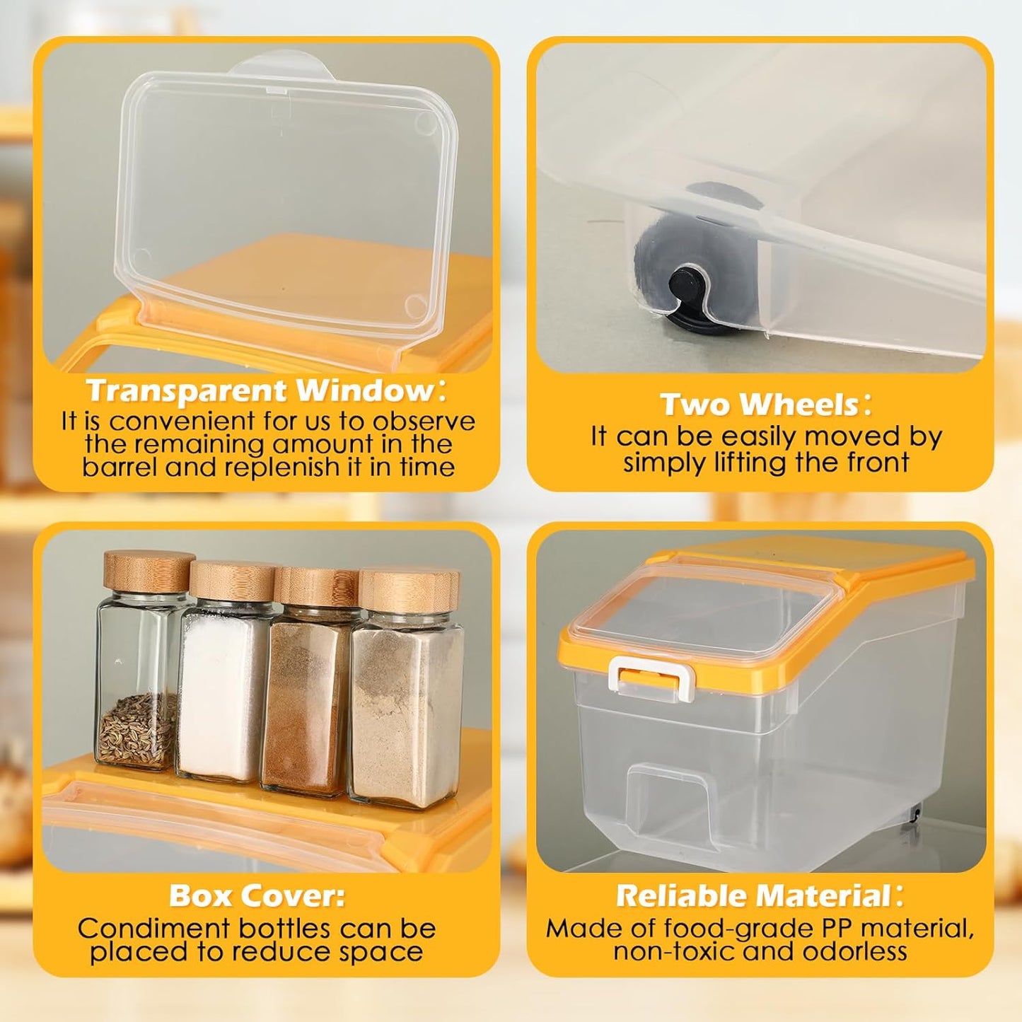 Sunnyray 4 Pcs Rice Storage Container 28 lb Airtight Flour Container with Wheels Measuring Cup Clear Pet Dog Birds Cat Food Bin Grain Cereal Organizer Box for Dry Baking Supplies(Yellow Lid)