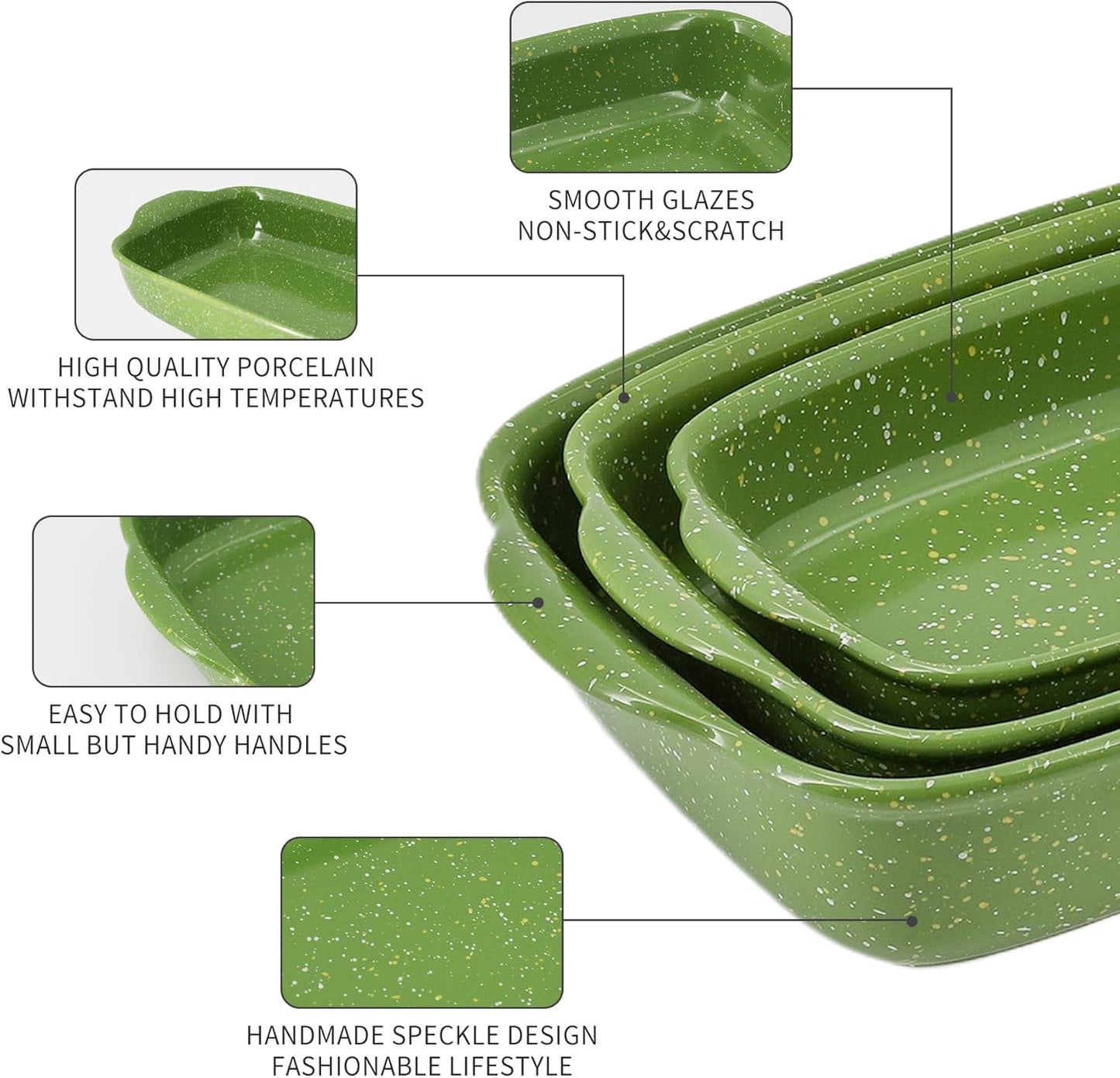 Ceramic Baking Dishes for Oven,Heavy Duty Bakeware Dish Set of 3, Rectangular Casserole,Lasagna Pan Deep,High Heat Resistant,Glazed Handcraft Speckle Series (13.8''/12''/9.6''Green)