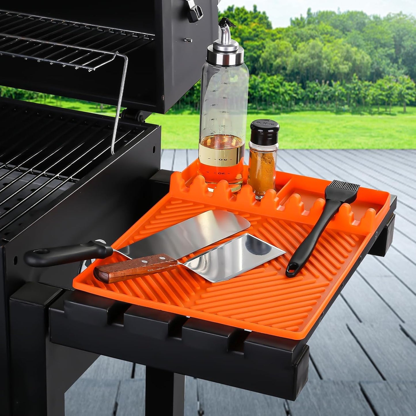 Silicone Griddle with Drip Pad Spatula Mat Barbeque Grill Accessories Tools for Blackstone, Side Shelf Pad for Outdoor Kitchen Counter, Cooking, Countertop (Orange)