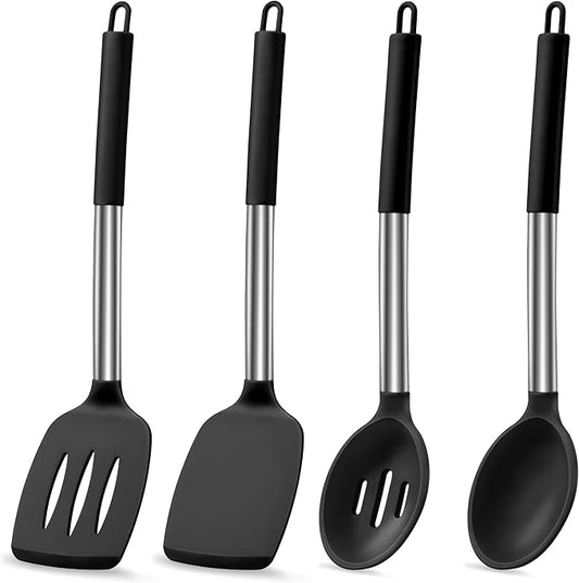 LIANYU Kitchen Cooking Utensils Set of 4, Silicone Spatula Cooking Spoon Set for Nonstick Cookware, Heat Resistant Kitchen Gadget Tools with Stainless Steel Handle, Heat Resistant Utensils, Black