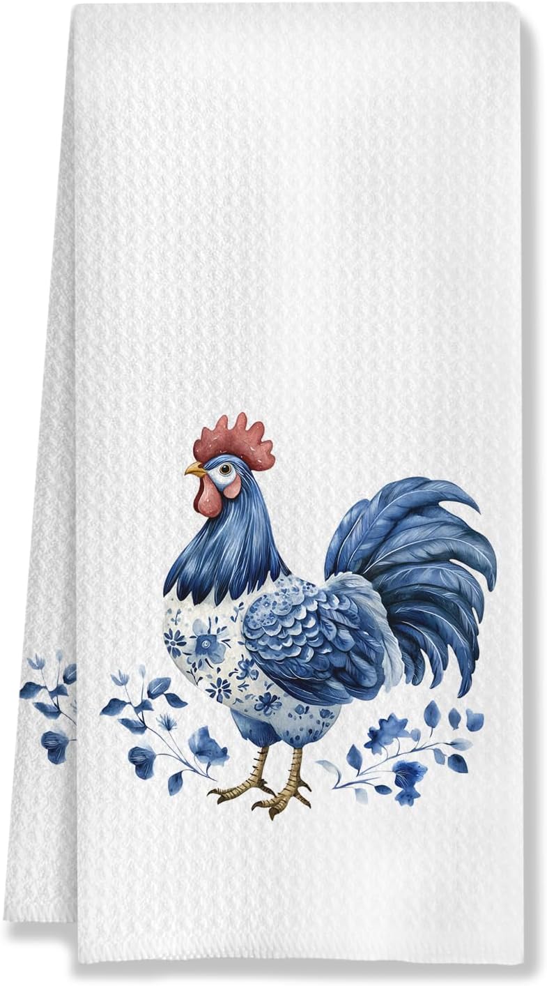 Chinoiserie Chicken Kitchen Towels, Chicken Lover Mom Lady Gifts Decorative Dish Tea Towels for Kitchen, Blue and White Floral Hen Hand Towels for Bathroom, 16x24 Inches