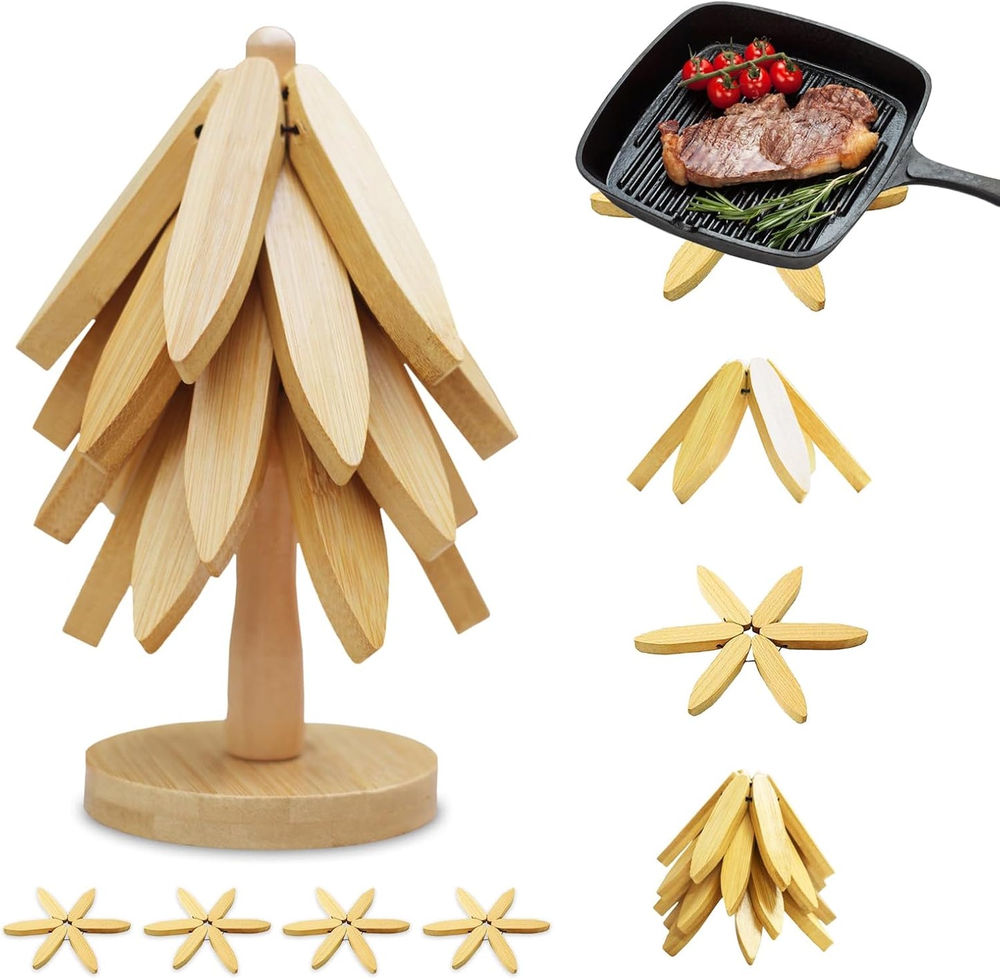 EGO LIFE Wooden Trivet Tree Set for Hot Dishes, 100% Natural Wood Trivet, Expandable Coaster, Foldable Tree-Sharped placemats with 4PCS(Original Color)