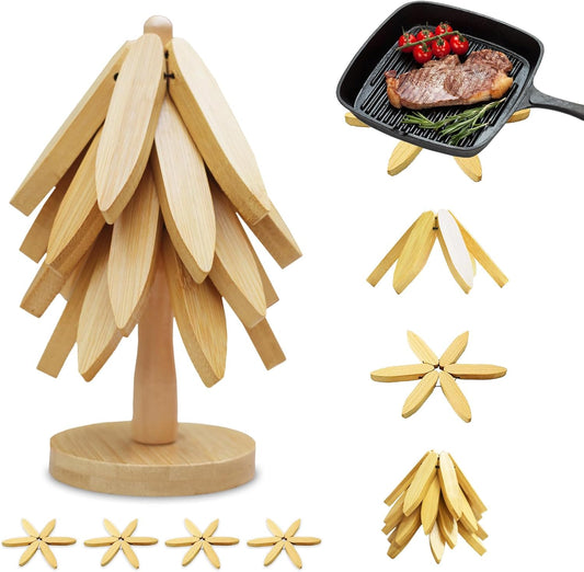 EGO LIFE Wooden Trivet Tree Set for Hot Dishes, 100% Natural Wood Trivet, Expandable Coaster, Foldable Tree-Sharped placemats with 4PCS(Original Color)