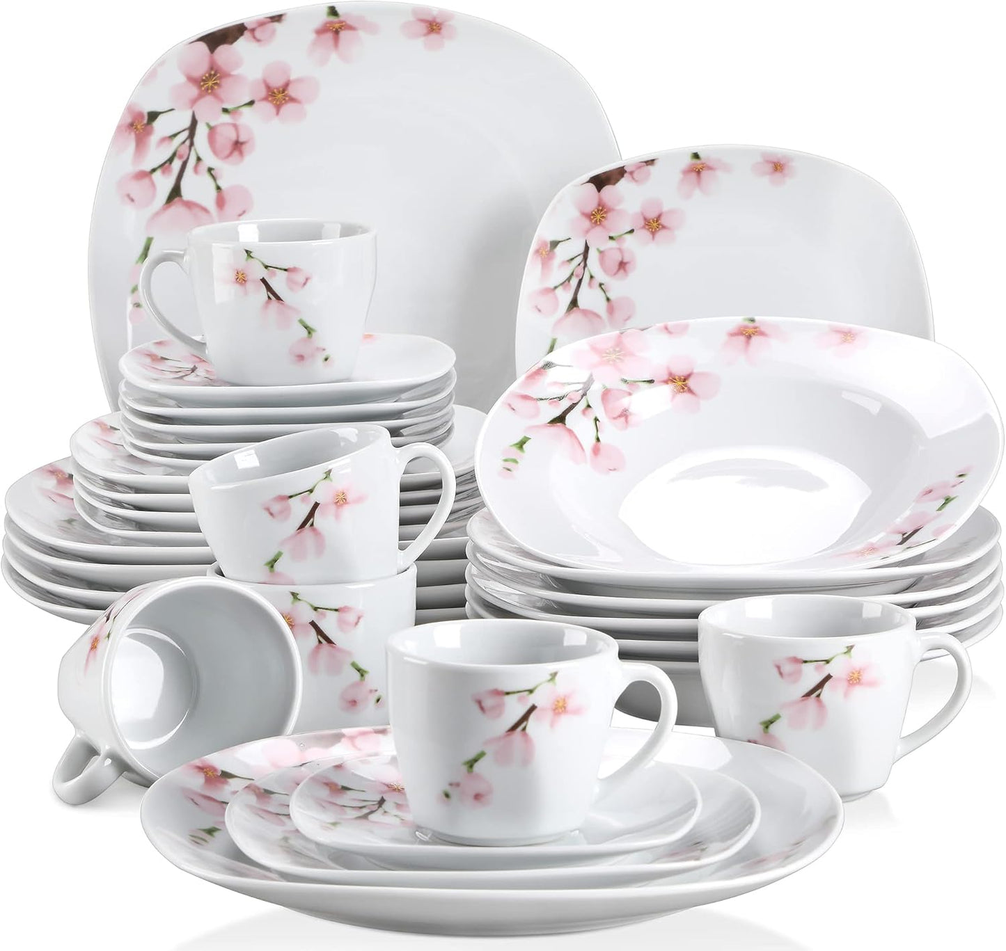 VEWEET Annie Porcelain Dinnerware for 6, 30-Piece Pink Floral Dish Set With Plates and Bowls Including Dinner, Dessert, Soup, Cups & Saucers