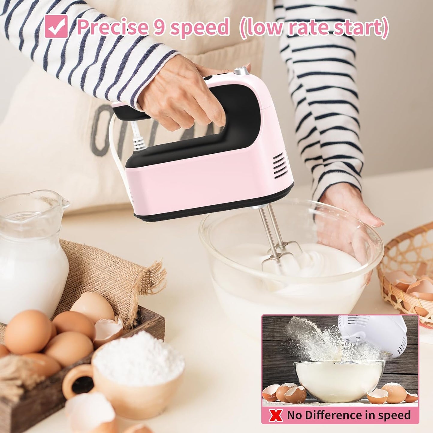9-Speed Digital Hand Mixer Electric, 400W Powerful DC Motor, Baking Mixer Handheld with Snap-On Storage Case, 5 Stainless Steel Accessories, Flat Beaters, Dough Hooks, Whisk (Pink&Black)
