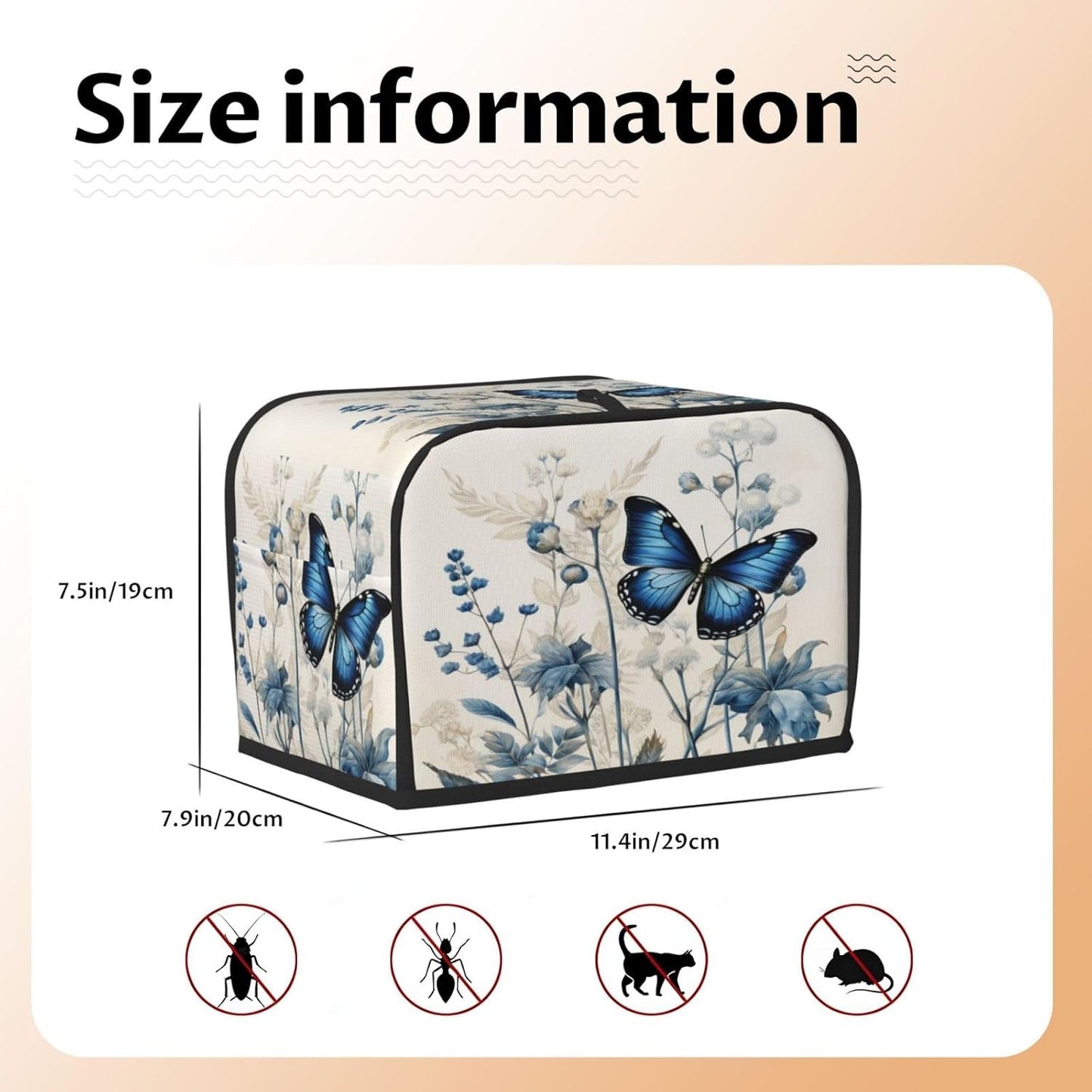 Toaster Cover 2 Slice Butterfly Blue Flower Boho Kitchen Small Appliance Covers with Pockets Dust and Fingerprint Protection