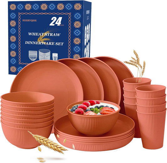 24pcs Wheat Straw Dinnerware Sets For 8, Unbreakable Plates and Bowls Wheat Straw Dinnerware Microwavable Cups Plates and Bowls Sets Shatterproof For Outdoor Kitchen Camping