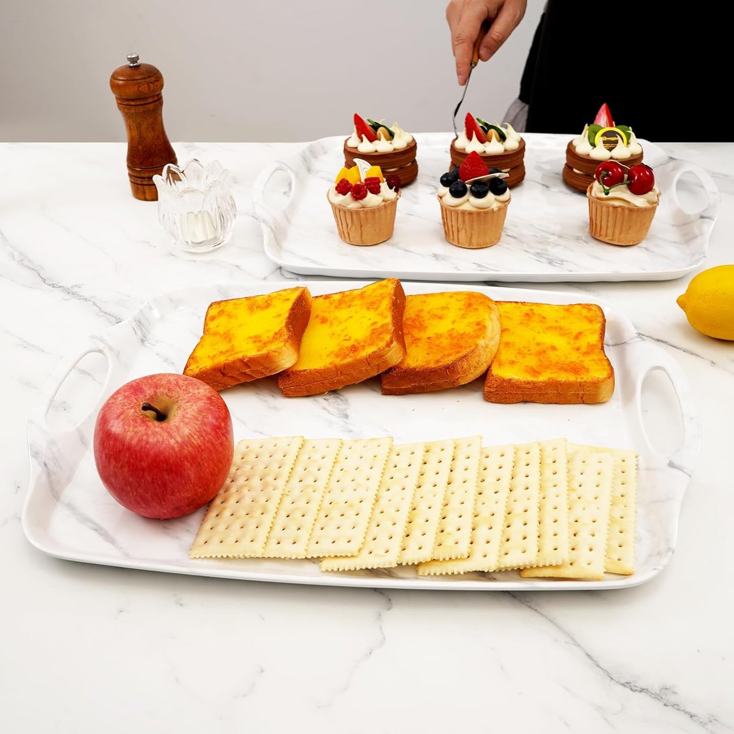 TP Serving Trays with Handles, 17 Inch Large Rectangular Melamine Serving Platter Set of 2, White Marble