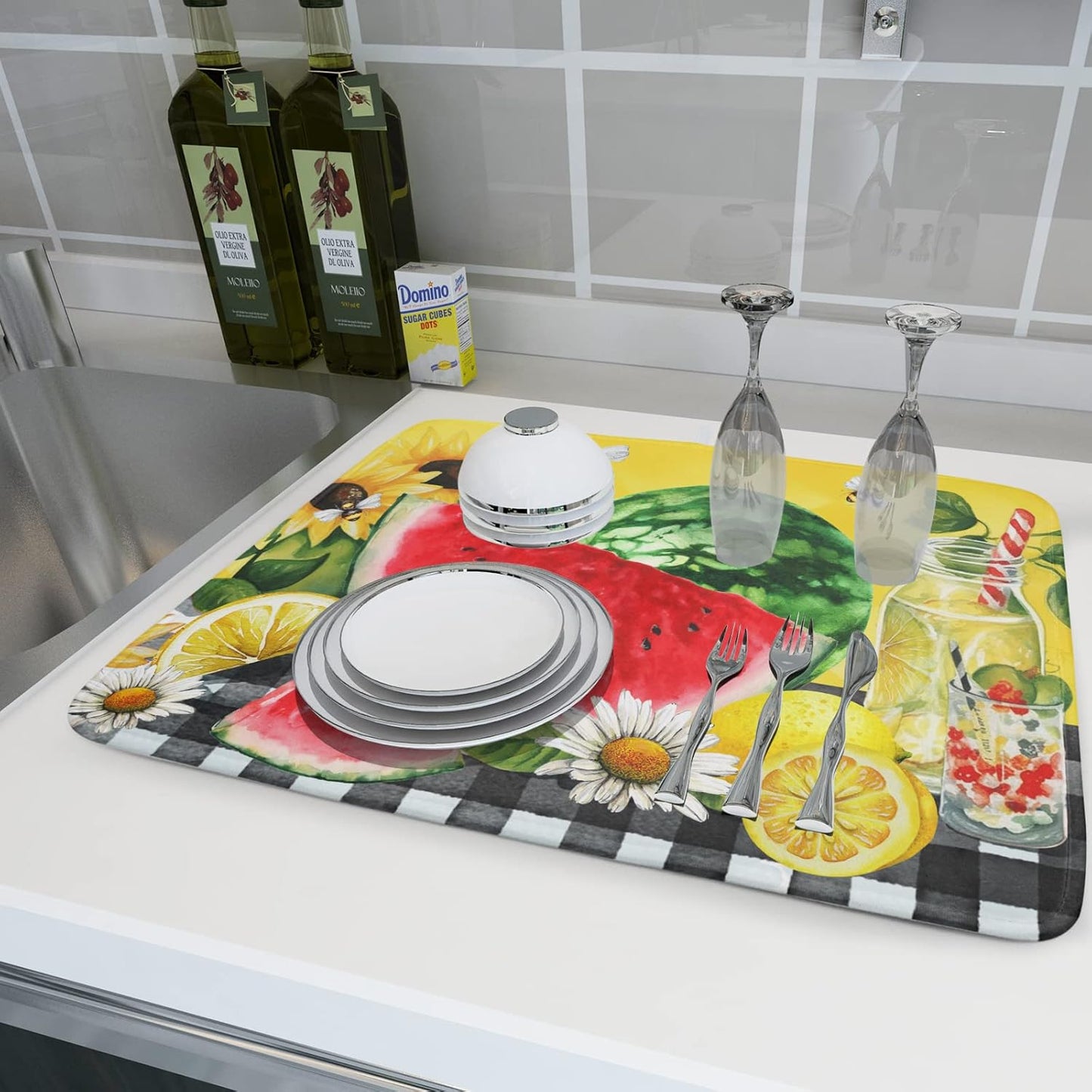 Dish Drying Mat Watermelon Summer Fruit Bee Flower Check Yellow Absorbent Dishes Pad Drainer Rack Mats Heat Resistant Kitchen Counter Protector Plate Bottle Pot Holder 18x24 Inch
