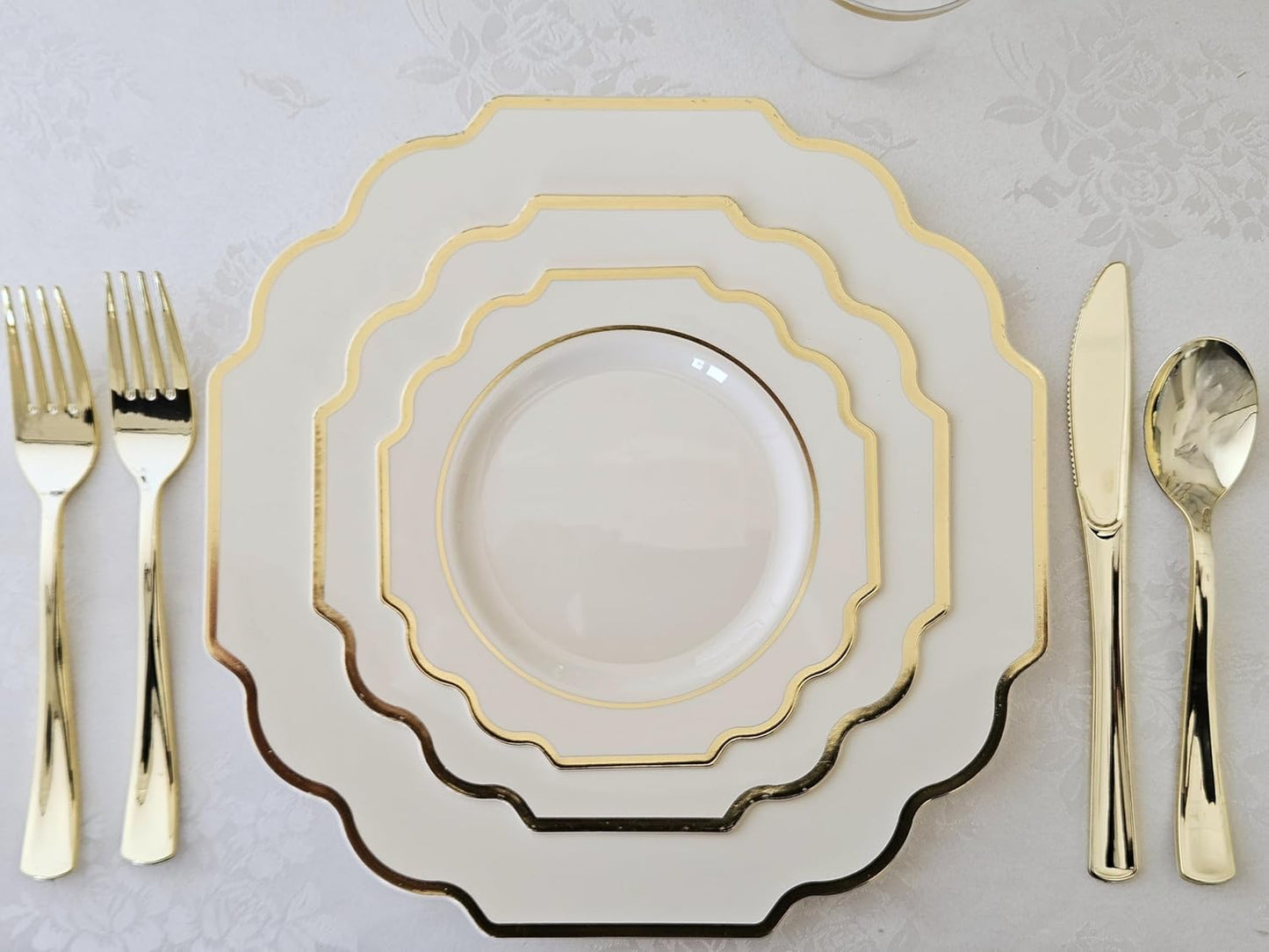 " OCCASIONS " 50 Plates Pack (25 Guests)-Heavyweight Wedding Party Disposable Plastic Plate Set -(25x10.5'' Dinner + 25x8'' Salad/Dessert) (Imperial Ivory & Gold)