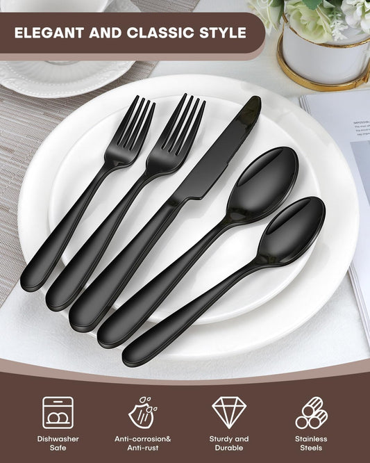 Black Silverware Set, Ollex 20PCS Flatware Set Black for 4 Stainless Steel Eating Utensils Sets Mirror Finish Include Forks Spoons and Knives Tableware Kitchen Cutlery Sets, Dishwasher Safe